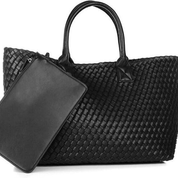 amazon Fashion Woven Vegan Leather Shopper Tote Travel Handbag Women's Large Cap - Picture 1 of 3